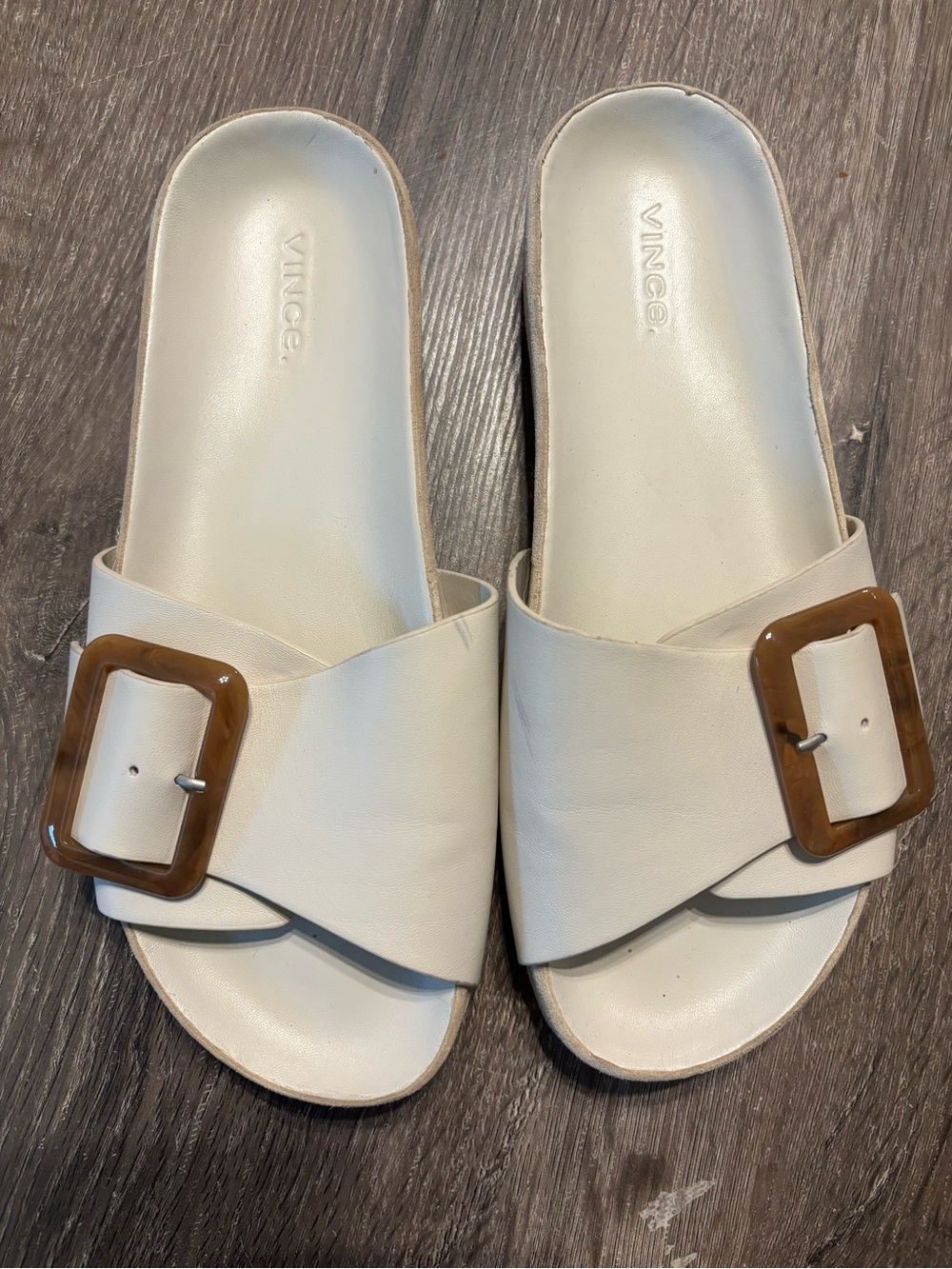 Vince White Slide Mules with Brown Buckle